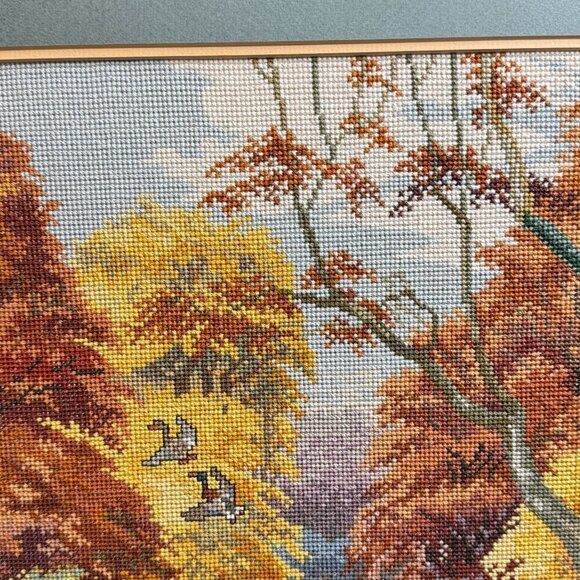 1997 Vintage Embroidered Picture Forest Lake Art With Wooden Frame 30" L x 25" H - Picture 10 of 16